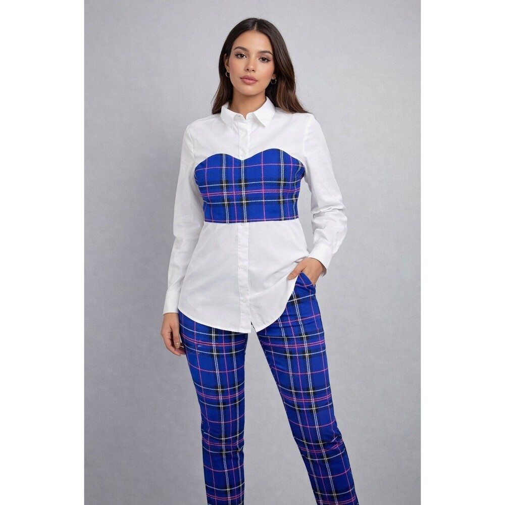 Plaid Two-Piece Set White Button-Down Top w/ Blue Tartan Bustier  Size Xl &...